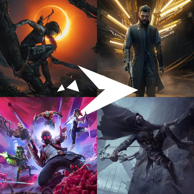 A collection of 4 images representing the major franchises worked on by Eidos-Montréal, order of franchise images from Top left to bottom right: Tomb Raider, Deus Ex, Guardians of the Galaxy, and Thief. Eidos-Montréal logo is placed in the middle. 
