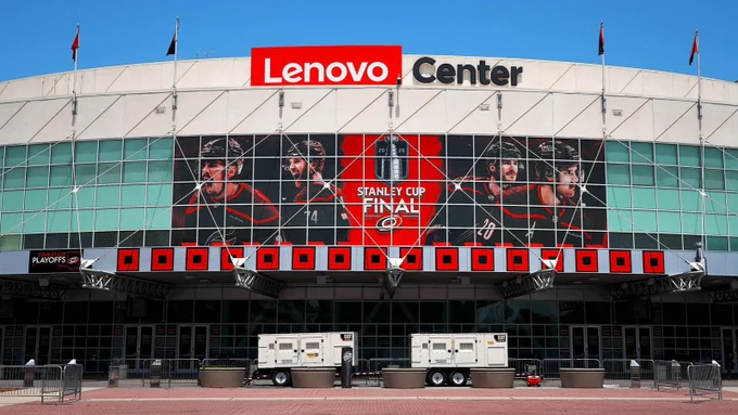 Photo of sixteen warning flags outside the Lenovo Center