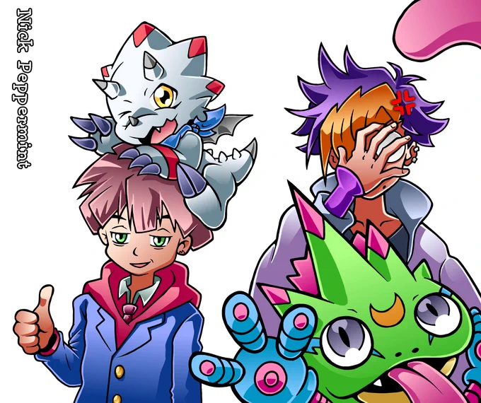 Fanart illustration depicting four characters from Digimon anime series, a boy Hiro Amanokawa and a dragon Gammamon from Ghost Game, Tenma Tomoro and lizard Gekkomon from Beatbreak