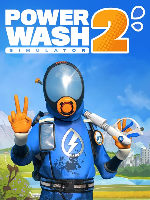 Offizielles PowerWash Simulator 2 Cover Artwork. Ein Spielercharakter in einem blauen Schutzanzug und Helm mit orangen Handschuhen gibt ein Friedenszeichen und hält eine Power Washer Pistole. Das große weiße und orange Logo steht oben über einer Berglandschaft.