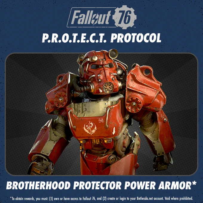 A detailed image of a red and silver Brotherhood Protector Power Armor from the game Fallout 76. The armor features a helmet with a visor, mechanical details, and a large shoulder plate. Text reads 'P.R.O.T.E.C.T. PROTOCOL' and 'BROTHERHOOD PROTECTOR POWER ARMOR*'.