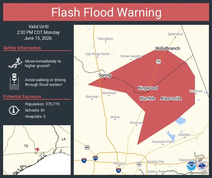 This graphic displays a flash flood warning plotted on a map. The warning is in effect until 2:30 PM CDT. The warning includes Atascocita TX, Spring TX and Humble TX.  This warning is for Harris County in southeastern Texas and Southeastern Montgomery County in southeastern Texas. Avoid walking or driving through flood waters! Move immediately to higher ground! There are 375,775 people in the warning along with 81 schools and 5 hospitals.