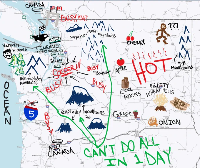 A hot mess of colorful scribbles all over a map of Washington, featuring doodles of iconic Washington features like mountains, orcas, ferries, cherries, onions, and other produce. The map emphasizes the busyness of the Seattle area, I-5, I-90, US 2, and the U.S./Canada border during the World Cup games. 