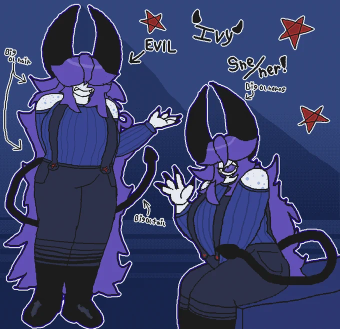 drawing of my oc, ivy. she is a white-skinned demon with very long purple hair, and blue freckles. her hair covers her eyes. she also has really big horns, a really big tail, long black nails, and sharp teeths. her outfit consists of a purple knit sweater, with darker purple overalls, and black boots. her overalls and boots have little distinction between them, with a gradient seperating them. her overalls' buttons have red pentagrams on them.
the left drawing is her standing around, with one hand behind her back, and the other splayed out in an evil way.
the right drawing is her sitting on a purple object, while waving at the viewer, with an open smile.
both drawings are outlined in purple and then white.
various bits of text are placed around her. text with arrows pointing at her reads "big ol hair", "big ol tail", and "big ol horns". text on the upper right reads "ivy", and her pronouns, she/her. the ivy text has lil horns around it. there are also red pentagrams placed around.