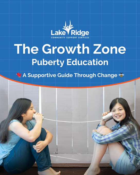Cover of a puberty education guide showing two girls communicating with tin cans connected by string. Emphasizes supportive guidance through change.