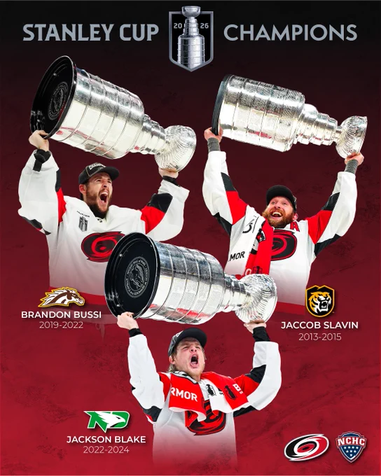 Brandon Bussi (Western Michigan, 2019-2022), Jaccob Slavin (Colorado College, 2013-2015) and Jackson Blake (North Dakota, 2022-2024) all hoist the Stanley Cup above their head in their Hurricanes jersey