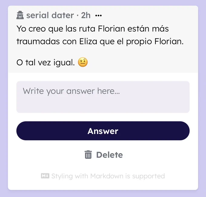 I think all Team Florian have more trauma with Eliza than the very Florian.

Or perhaps the same amount. 🤨