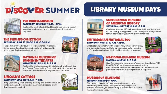 Discover Summer events poster featuring several museums. The Rubell Museum: July 10, 11 AM - 2 PM. The Phillips Collection: July 16, 11 AM - 12 PM. National Museum of Women in the Arts: July 19, 6 PM. Lincoln's Cottage: July 22, 11 AM - 4 PM. Smithsonian Museum of American History: July 25, 11 AM - 2 PM. Smithsonian National Zoo: July 30, 11 AM - 12 PM. National Building Museum: August 2, 11:30 AM - 2 PM. Museum of Illusions: August 10, 2 PM - 7 PM. Each event includes themes and registration details.