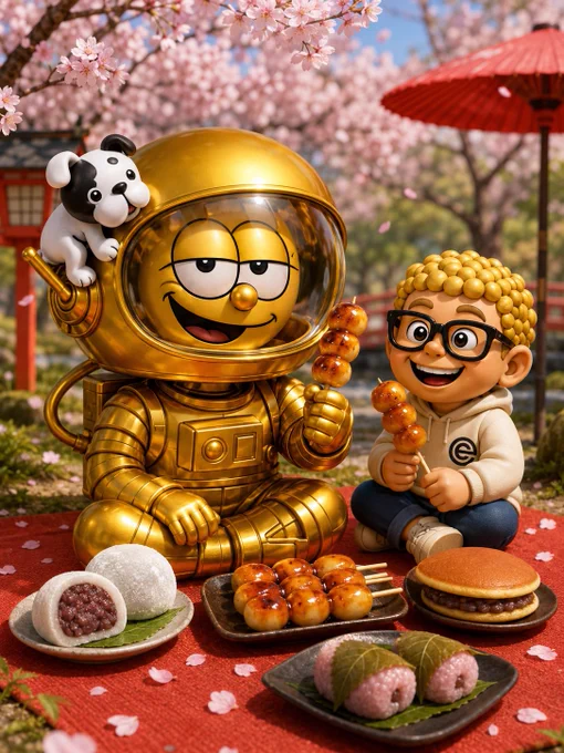 満開の桜が咲く日本庭園で、金色の宇宙服を着た笑顔のキャラクターと、眼鏡をかけた少年が赤い敷物の上に座り、お花見を楽しんでいる。2人はみたらし団子を手に持ち、周囲には大福、桜餅、どら焼きなどの和菓子が並ぶ。金色のキャラクターのヘルメットには白黒の子犬が乗っており、背景には桜並木や和傘が見える。春らしい温かい雰囲気の3Dイラスト。
