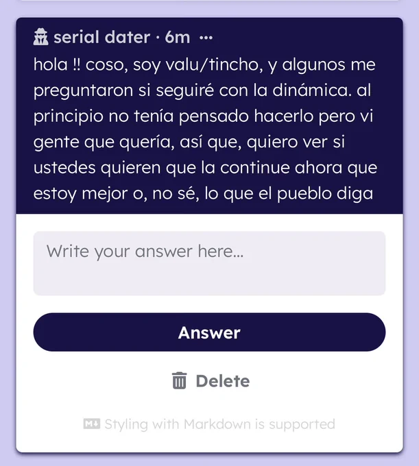 hello !! so, im valu/tincho, and some of you guys asked me if i was going to continue the dynamic. at first i wasn’t going to, but i saw some people wanted it, so i wanted to see if you guys would like me to resume it now that i feel better or not, idk, whatever the audience says