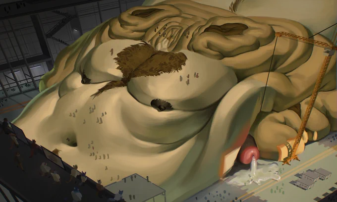 severely obese furry is on facility being taken care of by multiple people