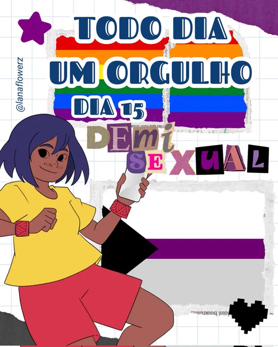 Arte digital comemorativa do Dia do Orgulho LGBT. Sobre um fundo quadriculado com elementos de colagem, aparece a bandeira arco-íris. Em destaque, o texto “TODO DIA UM ORGULHO”. No canto inferior esquerdo, uma personagem de pele morena e cabelo azul curto sorri enquanto segura um celular. Ela veste camiseta amarela, bermuda vermelha e pulseiras vermelhas com grafismos indígenas. A composição celebra a diversidade e o orgulho LGBTQ.