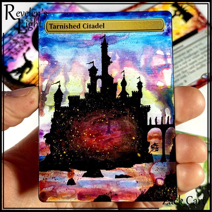 The Magic: the Gathering card Tarnished Citadel, with hand-painted altered art by Revelen's Light Alters. Against a watercolor-style background, a fantasy castle is silhouetted in india ink.