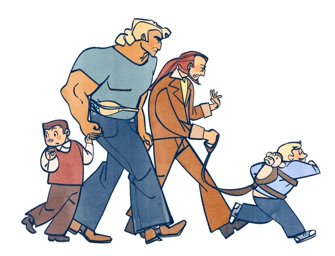 A digital drawing of Dean, Hank, and Rusty Venture and Brock Samson from The Venture Bros. They are all drawn younger, with Dean and Hank appearing as young children, and Rusty and Brock as younger adults. They are walking together. Brock is holding Dean's hand, and Rusty is holding a leash attached to a monkey-shaped backpack that is strapped to Hank. The background is white. 