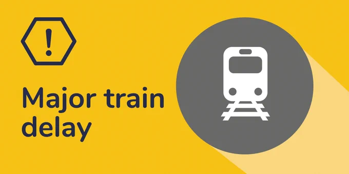 A yellow background with 'Major train delay' in navy text, with a white train icon on a grey circle and a navy exclamation mark inside the outline of a navy hexagon.