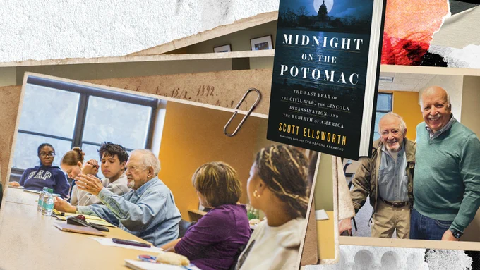 A photo collage. Ron Ginsburg is seated with a room of university students. Two men stand together. 