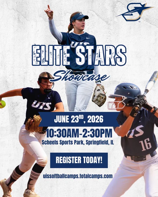 Promotional graphic for the UIS Softball Elite Stars Showcase. The design features three softball players in navy and white UIS uniforms against a textured white background. A central player stands pointing upward, with a pitcher on the left and a batter on the right. Large text reads “Elite Stars Showcase.” Event details include June 23, 2026, from 10:30 AM to 2:30 PM at Scheels Sports Park in Springfield, Illinois. A “Register Today!” call-to-action appears above the registration website, uissoftballcamps.totalcamps.com. The UIS Prairie Stars logo is displayed in the upper-right corner.