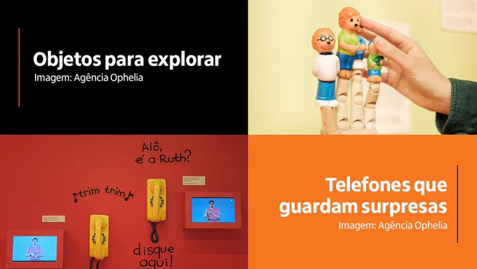 Imagem dividida em duas partes. Na parte superior, uma fotografia destaca uma mão tocando em um boneco. Com a imagem, o texto “Objetos para explorar”. Na parte inferior, uma fotografia destaca uma parede vermelha com dois telefones amarelos e duas telas com um vídeo. Com a imagem, o texto “Telefones que guardam surpresas”.