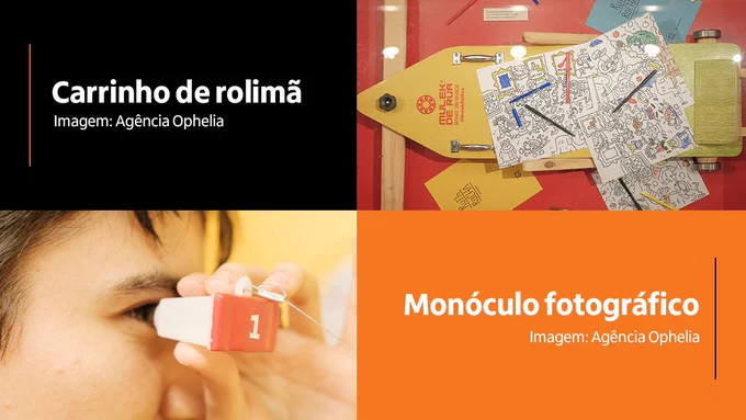 Imagem dividida em duas partes. Na parte superior, uma fotografia destaca um carrinho de rolimã amarelo, com alguns papéis e lápis sobre ele. Com a imagem, o texto “Carrinho de rolimã”. Na parte inferior, uma fotografia destaca o rosto de uma pessoa segurando um monóculo fotográfico próximo de seu olho. Com a imagem, o texto “Monóculo fotográfico”.