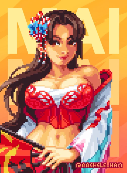 Pixel art portrait of Mai Shiranui wearing outfit 3 from Street Fighter 6.