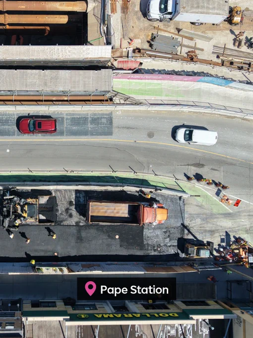 Vue aérienne d’un chantier de construction routière montrant une section de route avec de l’asphalte frais posé par des véhicules de construction. Plusieurs véhicules sont stationnés le long des bords de la zone de construction et des travailleurs en équipement de sécurité sont visibles sur le site. Les infrastructures environnantes, y compris les voies ferrées et les bâtiments à proximité, sont également visibles.