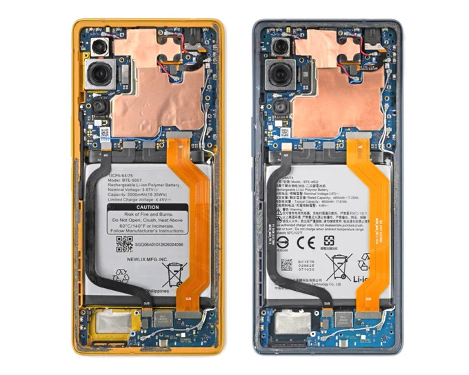 Side-by-side comparison of two opened smartphones showing nearly identical internal layouts. On the left is the new Trump Mobile T1 phone, and on the right is an HTC U24 Pro. Both devices feature similar batteries, orange ribbon cables, blue circuit boards, and copper shielding, as well as matching camera placements.