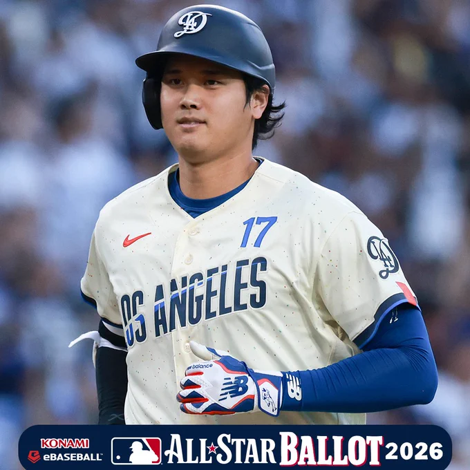 Shohei Ohtani wears a cream-colored Los Angeles Dodgers City Connect jersey and a blue Dodgers City Connect batting helmet.
Konami eBaseball All-Star Ballot 2026