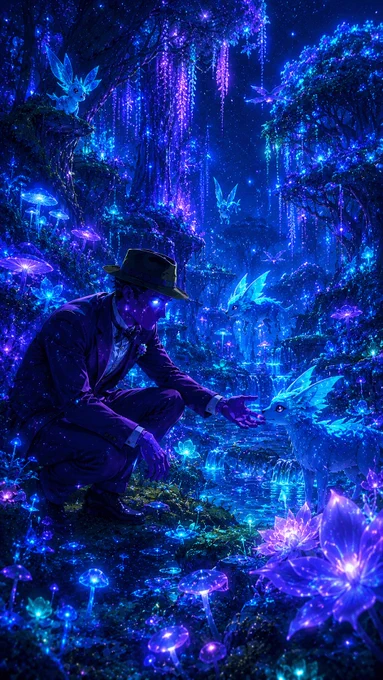 A suited man kneels in a glowing, enchanted forest, reaching toward a luminous creature, surrounded by sparkling flowers and waterfalls.