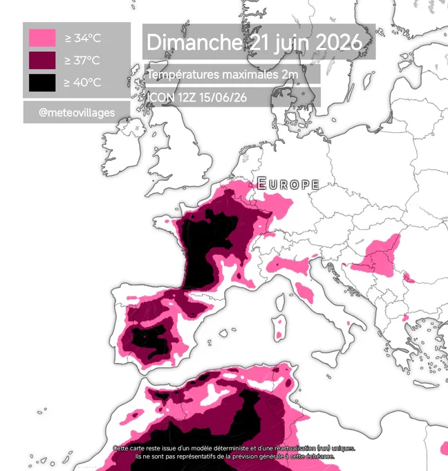 Carte représentant les zones où les températures pourraient dépasser les 34°C, 37°C ou 40°C dimanche 21 juin 2026 après-midi d'après le modèle ICON, réactualisé ce 15 juin au soir (12z).

Code couleur et visualisation adaptés par Météovillages.