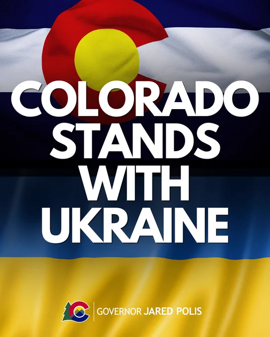 Colorado state flag above text expressing support for Ukraine with Ukrainian flag background.