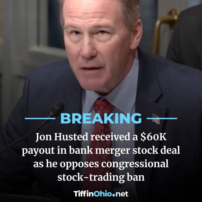Jon Husted received a $60K payout in bank merger stock deal as he opposes congressional stock-trading ban