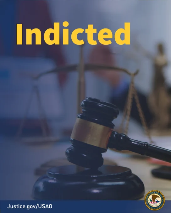 Brown gavel and Scales of Justice with the word Indicted in yellowish-gold, all-caps text.