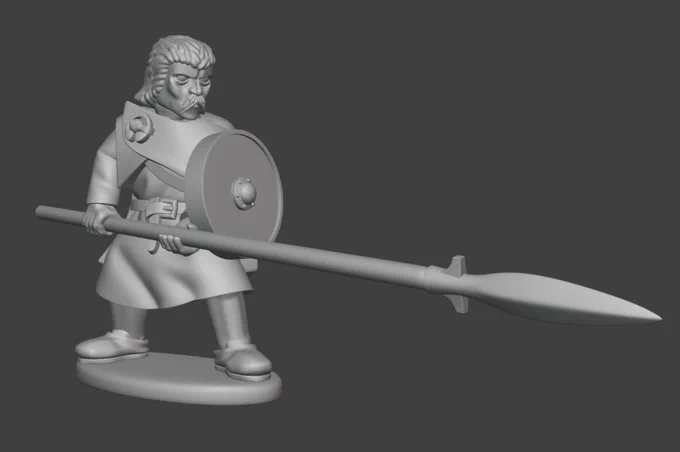 A 3d miniature in blender of a Pictish warrior wielding a two-handed winged spear.