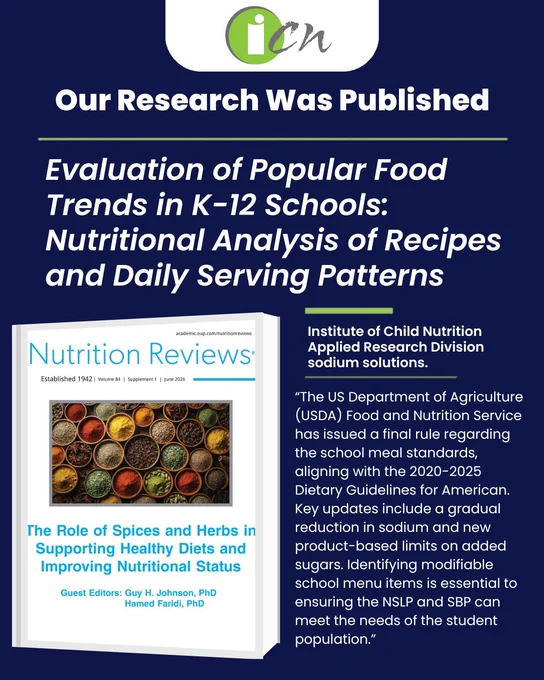 This image contains a research publication announcement. The cover of the publication, titled "Nutrition Reviews," is shown. It discusses the role of spices and herbs in supporting healthy diets. The announcement states that the Institute of Child Nutrition has published research on US Department of Agriculture standards, focusing on sodium reduction in school meals. Key insights include the identification of modified school menu plans to meet nutritional standards.