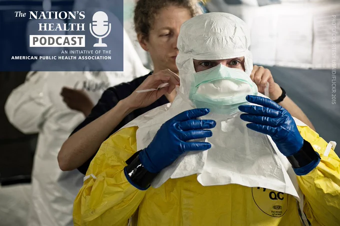 The Nation's Health logo. Image of a public health responder putting on  personal protective equipment.