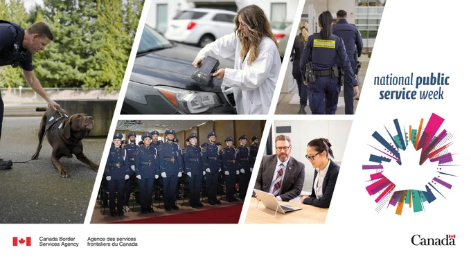 Alt text: A collage of photos: CBSA employees and Border services officers performing daily tasks. Graphic text: National Public Service week.