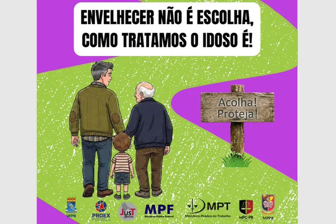 Uma imagem com fundo roxo e uma faixa central ondulada em tom verde-claro texturizado apresenta, na parte superior, um balão de fala branco com o texto em letras maiúsculas pretas: “ENVELHECER NÃO É ESCOLHA, COMO TRATAMOS O IDOSO É!”. No centro, uma ilustração em estilo de desenho mostra três pessoas de costas caminhando lado a lado: à esquerda, um homem adulto de cabelos grisalhos e casaco verde; no meio, um menino pequeno usando camiseta listrada e bermuda; e à direita, um homem idoso e calvo vestindo casaco azul-escuro. À direita do grupo, há uma placa de madeira rústica fincada na grama com a inscrição: “Acolha! Proteja!”. Na parte inferior, sobre a faixa verde, estão alinhados os logotipos de instituições parceiras, incluindo a UFPB, PROEX, JUST, MPF, MPT, MPC-PB e MPPB. Arte: Cartilha da Campanha Junho Violeta 2026/UFPB, Proex, Just Imagine, MPF, MPT, MPC-PB, MPPB.