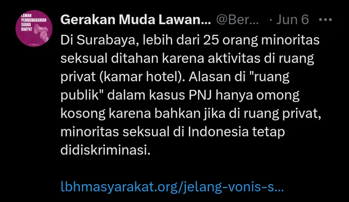 Tangkapan layar cuitan akun GMLK (@berhakprotes), lengkapnya dapat dibaca di tautan ini:
https://x.com/i/status/2063290237732999632