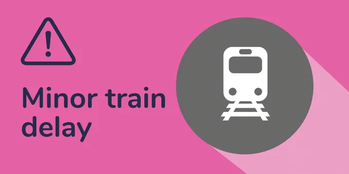 A pink background with 'Minor train delay' in navy text, with a white train icon on a grey circle and a navy exclamation mark inside the outline of a navy triangle.