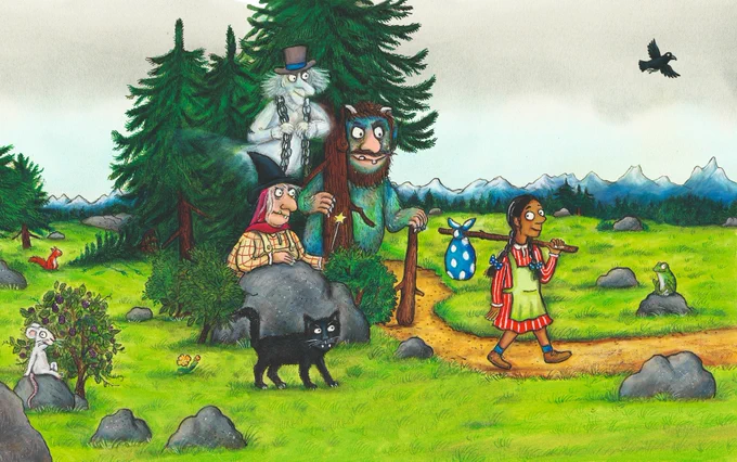 An illustrated scene featuring a Ghost, Toll and Witch hiding in a cluster of trees, watching a girl walk down a road with a pack on a stick slung over her shoulder.