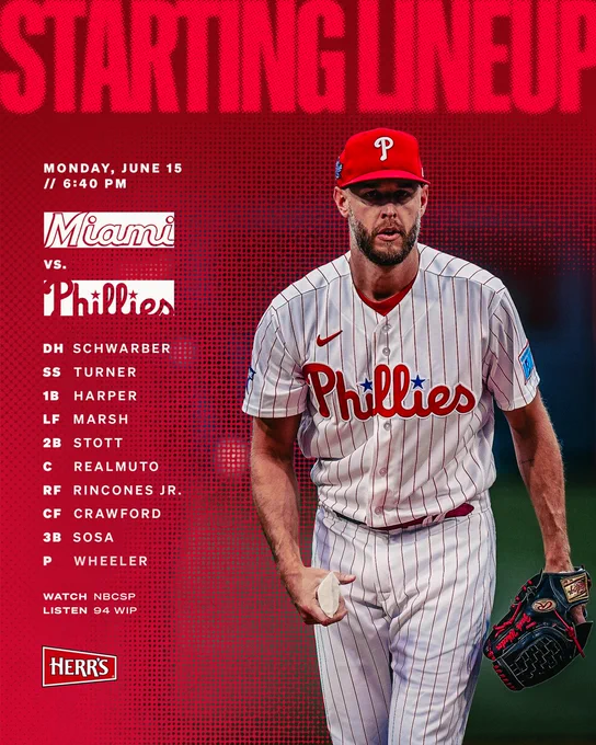 Phillies lineup, 6/15 vs MIA. 6:40pm EDT game time on NBCSP/94WIP.
 
Schwarber DH
Turner 6
Harper 3
Marsh 7
Stott 4
Realmuto 2
Rincones 9
Crawford 8
Sosa 5
 
Wheeler RHP