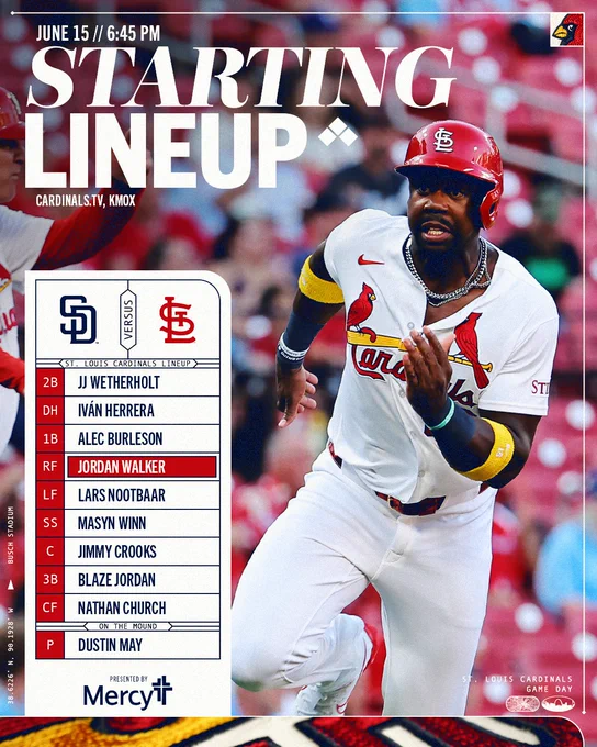 Starting lineup vs San Diego Padres
2B JJ Wetherholt
DH Iván Herrera
1B Alec Burleson
RF Jordan Walker
LF Lars Nootbaar
SS Masyn Winn
C Jimmy Crooks
3B Blaze Jordan
CF Nathan Church
SP Dustin May