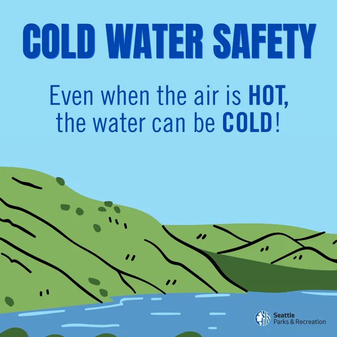 Illustration warning that water can be cold even when the air temperature is hot, emphasizing cold water safety.