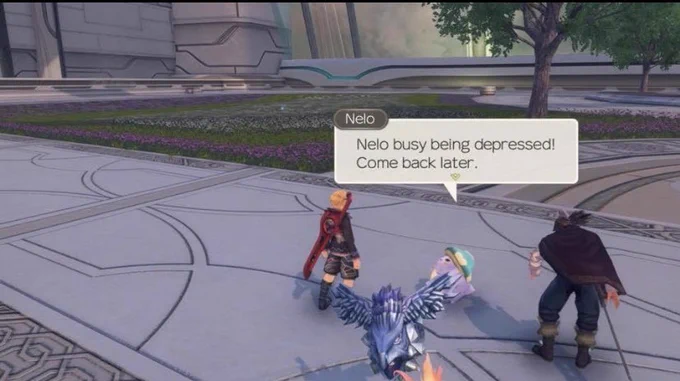 A screenshot from Xenoblade Chronicles. Nelo, a purple Nopon with a blue mushroom cap, says, “Nelo busy being depressed! Come back later.”