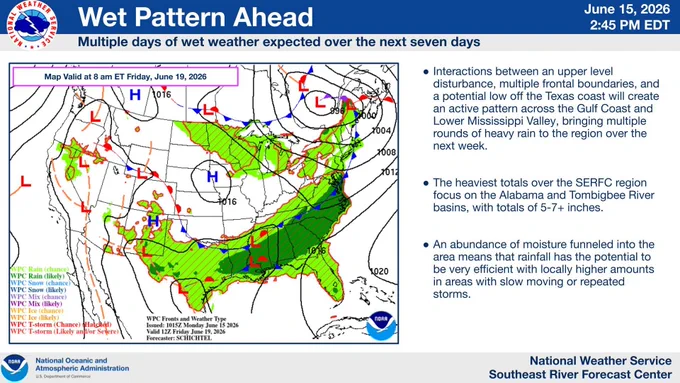 A slide showing the meteorological pattern over the U.S. for Friday, June 19 with text explaining the potential impacts to the Southeast