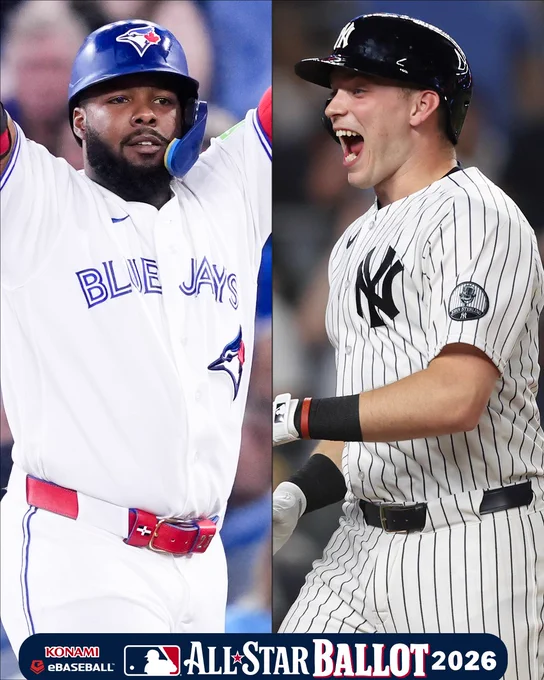 Left - Vladimir Guerrero Jr. wears a white Toronto Blue Jays jersey and a blue batting helmet.
Right - Ben Rice wears a pinstriped New York Yankees jersey and a dark blue batting helmet. 