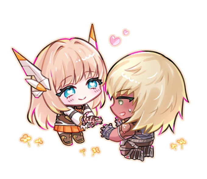 Artwork by 크레용빔 of Mirabilis and Yelv Xenoblade X. Mimi is offering Yelv a fullbelly gecko for consumption to a mortified Yelv.