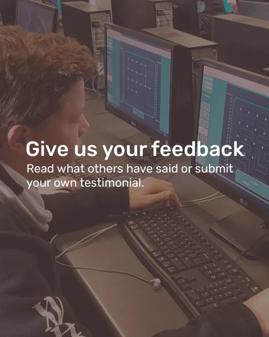 Student doing a Code Avengers course in the classroom. Overlaid text asking for feedback or testimonials.
