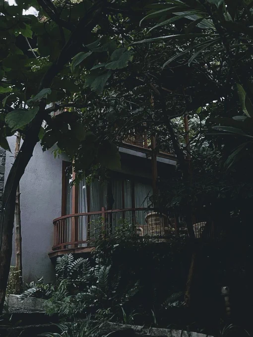 Building with patios seen through trees