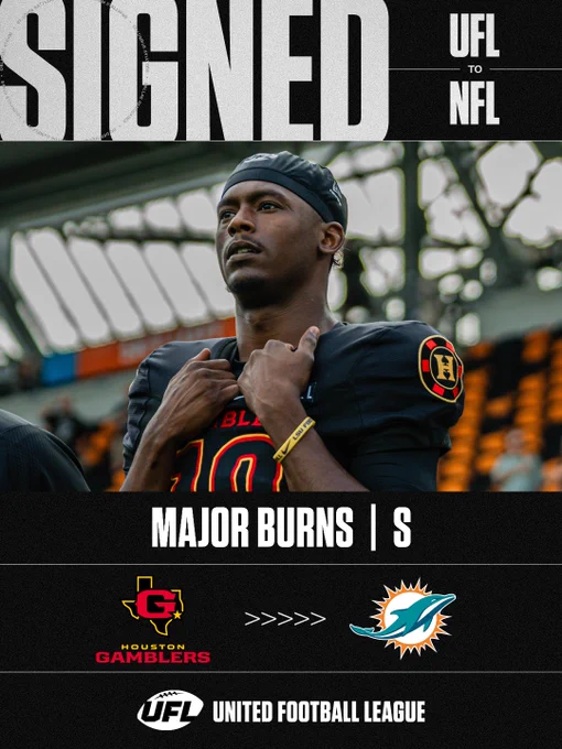 A football player has been signed from the Houston Gamblers to the NFL. The image features the player in uniform with bold text announcing the signing.